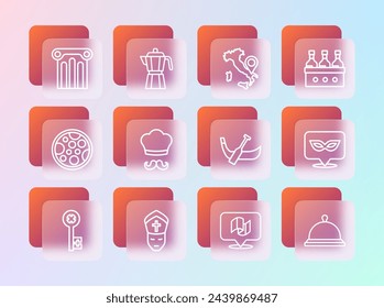 Set line Bottles of wine, Pope, Gondola boat, Flag Italy, Italian cook, Map, Ancient column and Coffee maker moca pot icon. Vector