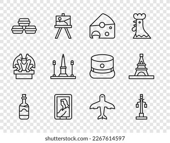 Set line Bottles of wine, Street light, Cheese, Portrait museum, Macaron cookie, Place De La Concorde, Plane and Eiffel tower icon. Vector