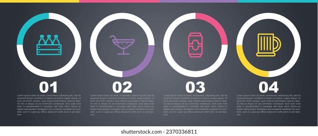 Set line Bottles of wine in a wooden box, Cocktail, Beer can and Wooden beer mug. Business infographic template. Vector