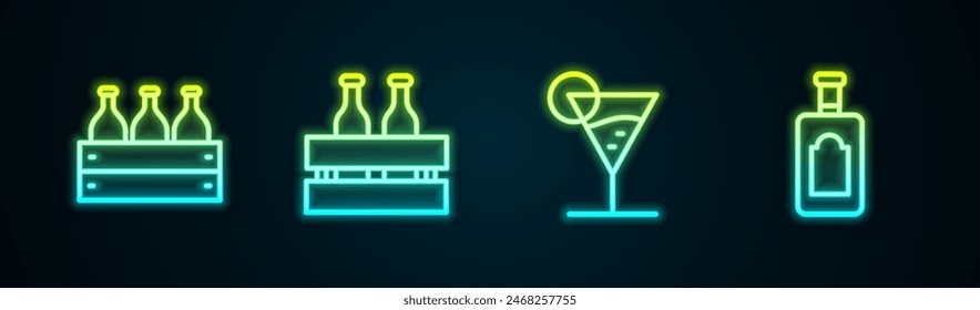 Set line Bottles of wine in a wooden box, Pack beer bottles, Martini glass and Whiskey. Glowing neon icon. Vector