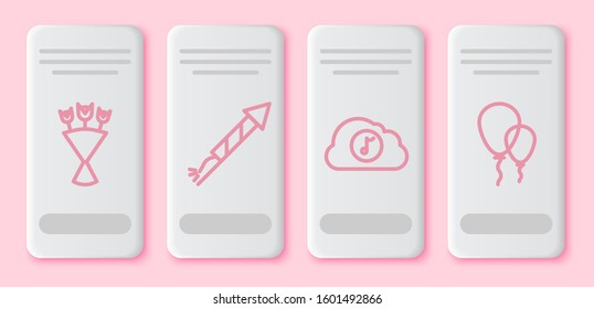 Set line Bouquet of flowers , Firework rocket , Music streaming service  and Balloons with ribbon . White rectangle button. Vector