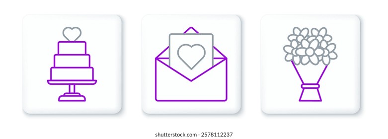 Set line Bouquet of flowers, Wedding cake with heart and Envelope Valentine icon. Vector