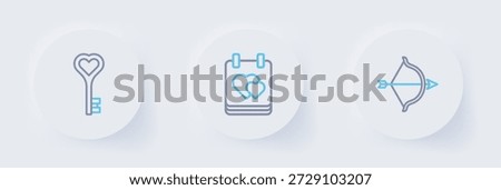 Set line Bow and arrow, Calendar with heart and Key in shape icon. Vector