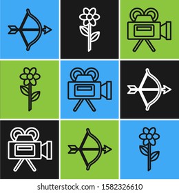 Set line Bow and arrow, Cinema camera and Flower icon. Vector