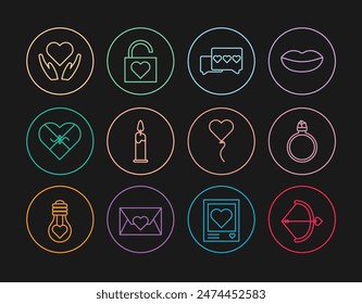 Set line Bow and arrow, Diamond engagement ring, Like heart, Burning candle, Candy shaped box, Heart hand, Balloon form of and Lock icon. Vector