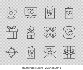 Set line Bow and arrow, Gift box, Calendar with February 14, Valentines day party flyer, Coffee cup heart, hearts, Envelope and Heart icon. Vector