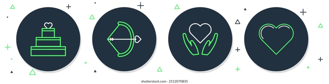 Set line Bow and arrow, Heart in hand, Wedding cake with heart and  icon. Vector