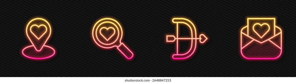 Set Linie Bogen und Pfeil, Lage mit Herz, Suche Liebe und Umschlag Valentine. Leuchtendes Neonsymbol. Vektorgrafik