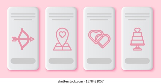 Set line Bow and arrow, Map pointer with heart, Two Linked Hearts and Wedding cake with heart. White rectangle button. Vector
