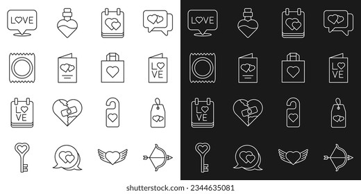 Set line Bow and arrow, Please do not disturb with heart, Valentines day party flyer, Calendar, Condom package, Love text and Shopping bag icon. Vector