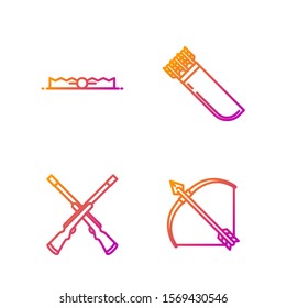 Set line Bow and arrow in quiver, Two crossed shotguns, Trap hunting and Quiver with arrows. Gradient color icons. Vector