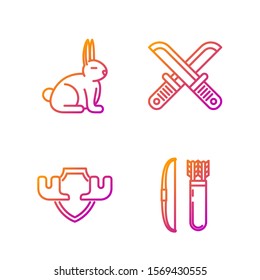 Set line Bow and arrow in quiver, Moose horns on shield, Rabbit and Crossed hunter knife. Gradient color icons. Vector