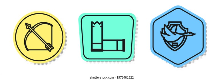 Set line Bow and arrow in quiver, Cartridges and Flying duck on shield. Colored shapes. Vector