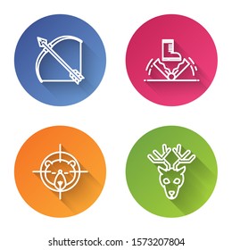 Set line Bow and arrow in quiver, Trap hunting, Hunt on bear with crosshairs and Deer head with antlers. Color circle button. Vector