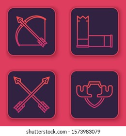 Set line Bow and arrow in quiver, Crossed arrows, Cartridges and Moose horns on shield. Blue square button. Vector
