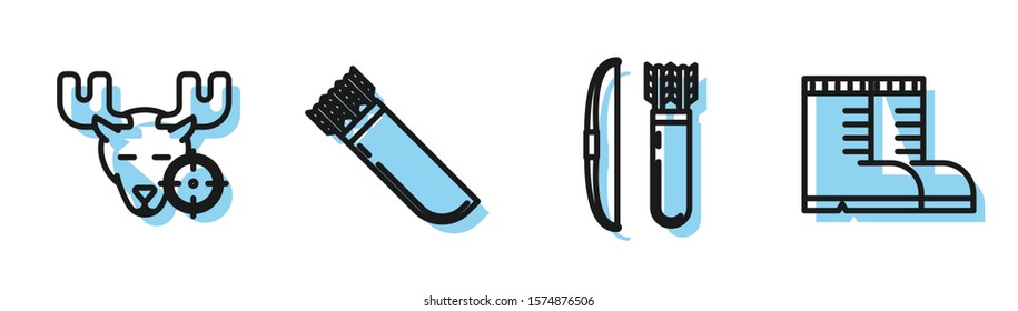Set line Bow and arrow in quiver, Hunt on moose with crosshairs, Quiver with arrows and Hunter boots icon. Vector