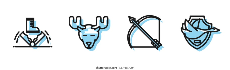 Set line Bow and arrow in quiver, Trap hunting, Moose head with horns and Flying duck on shield icon. Vector