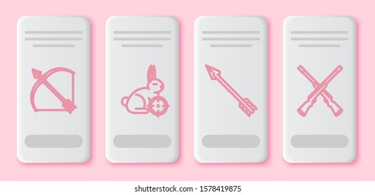 Set line Bow and arrow in quiver, Hunt on rabbit with crosshairs, Hipster arrow and Two crossed shotguns. White rectangle button. Vector