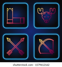 Set line Bow and arrow in quiver, Crossed arrows, Cartridges and Moose head with horns. Gradient color icons. Vector