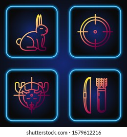 Set line Bow and arrow in quiver, Hunt on moose with crosshairs, Rabbit and Target sport for shooting competition. Gradient color icons. Vector