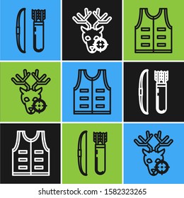 Set line Bow and arrow in quiver, Hunting jacket and Hunt on deer with crosshairs icon. Vector