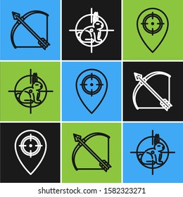 Set line Bow and arrow in quiver, Hunt place and Hunt on rabbit with crosshairs icon. Vector