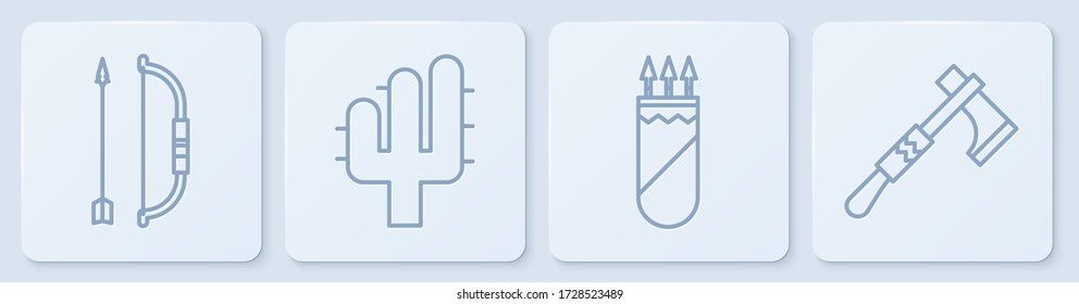 Fijar la línea Bow y flecha en el quiver, Quiver con flechas, Cactus y el hacha Tomahawk. Botón cuadrado blanco. Vector