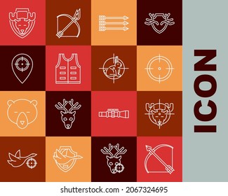 Set line Bow and arrow in quiver, Hunt on moose with crosshairs, Target sport for shooting competition, Hipster arrows, Hunting jacket, place, Moose head shield and rabbit icon. Vector
