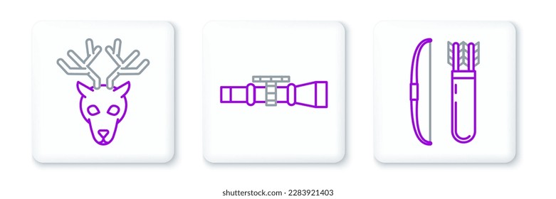 Set line Bow and arrow in quiver, Deer head with antlers and Sniper optical sight icon. Vector