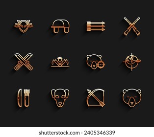 Fijar la línea Bow y flecha en el caracol, Cazar perro, venados en escudo, Cabeza de oso, Caza de trampas, pato con cruces e ícono de oso. Vector