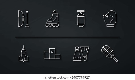 Set line Bow and arrow in quiver, Dart, Baseball glove, Rubber flippers for swimming, Award over sports winner podium, Roller skate, Tennis racket and Punching bag icon. Vector