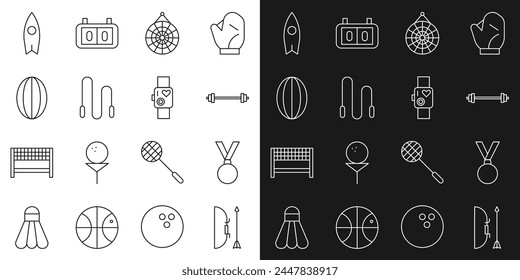 Arco y flecha en aljaba, medalla, barbilla, dardo clásico, cuerda de salto, bola de rugby, tabla de surf y reloj inteligente que muestra el icono de ritmo cardíaco. Vector