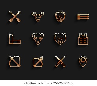 Set line Bow and arrow in quiver, fire, Crossed arrows, Two crossed shotguns, Hunt place, Hunting dog, jacket and Bear head icon. Vector