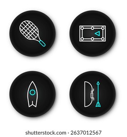 Set line Bow and arrow in quiver, Surfboard, Billiard table and Tennis racket icon. Vector