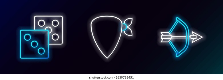 Set line Bow and arrow in quiver, Game dice and Cowboy bandana icon. Glowing neon. Vector