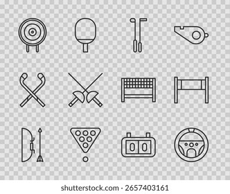 Arco y flecha en carcaj, volante, club de golf, triángulo de rack de bolas de billar, deporte objetivo, esgrima, marcador mecánico deportivo e icono de red de voleibol. Vector