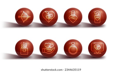 Set line Bow and arrow, Shopping bag with heart, Please do not disturb, Wedding rings, Heart hand, Healed broken or divorce, Location and Bottle love potion icon. Vector