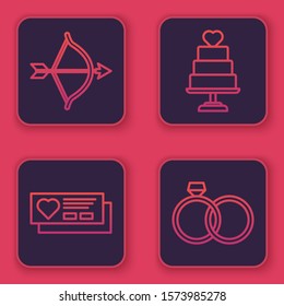 Set line Bow and arrow, Ticket with heart, Wedding cake with heart and Wedding rings. Blue square button. Vector