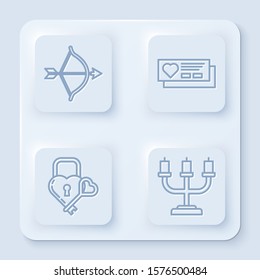 Set line Bow and arrow, Ticket with heart, Castle in the shape of a heart and key and Candlestick. White square button. Vector