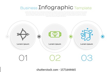 Set line Bow and arrow, Two coffee cup and heart and Music note, tone with hearts. Business infographic template. Vector