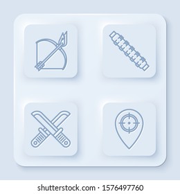 Set line Bow and fire arrow, Hunting cartridge belt with cartridges, Crossed hunter knife and Hunt place. White square button. Vector