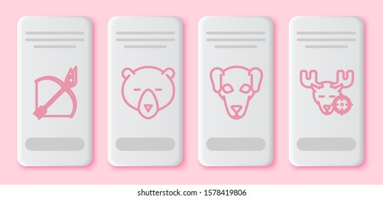 Set line Bow and fire arrow, Bear head, Hunting dog and Hunt on moose with crosshairs. White rectangle button. Vector