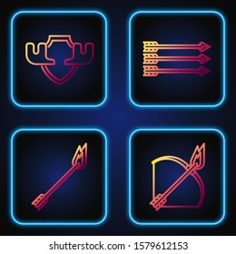 Set line Bow and fire arrow, Flame arrow, Moose horns on shield and Hipster arrows. Gradient color icons. Vector