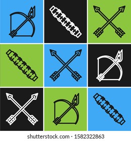 Set line Bow and fire arrow, Crossed arrows and Hunting cartridge belt with cartridges icon. Vector