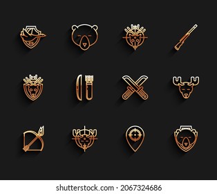 Set line Bow and fire arrow, Hunt on moose with crosshairs, Flying duck shield, place, Bear head, quiver, Moose horns and Crossed hunter knife icon. Vector