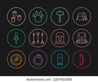 Set line Bow, Hiking backpack, Road traffic sign, Hipster arrows, Torch flame, Paw print, Balaclava and  icon. Vector