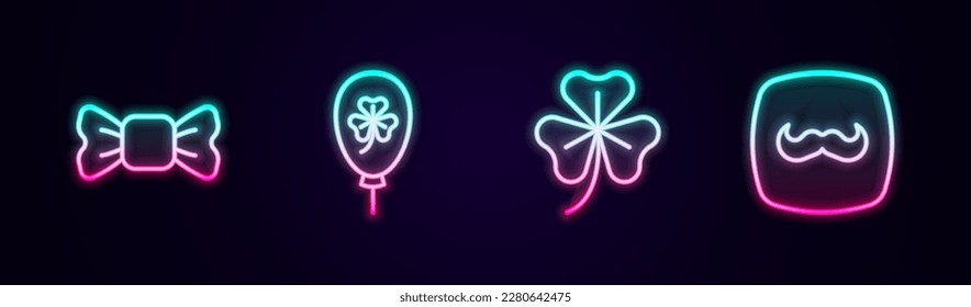 Set line Bow tie, Balloon with clover trefoil leaf, Clover and Mustache. Glowing neon icon. Vector