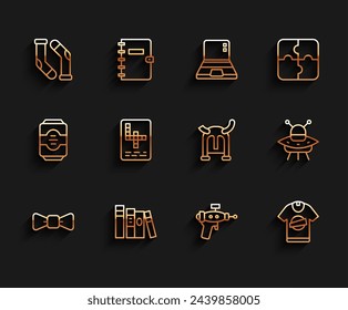 Set line Bow tie, Book, Socks, Ray gun, T-shirt, Crossword, UFO flying spaceship and Viking horned helmet icon. Vector