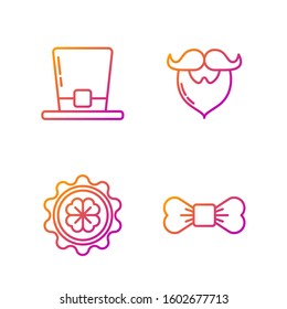 Set line Bow tie, Bottle cap with four leaf clover, Leprechaun hat and Mustache and beard. Gradient color icons. Vector