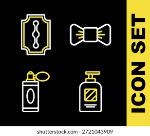Pajarita, botella de champú, botella de afeitado con atomizador e icono de cuchilla de afeitar. Vector